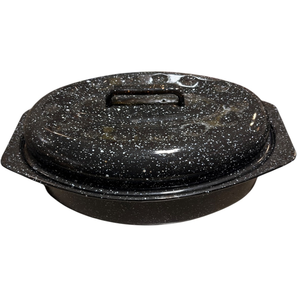 Black Speckled Enamelware Oval Roasting Pan with Lid 13 Inch Graniteware Foodie